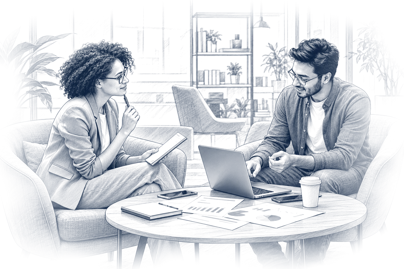 Two people talking over a laptop