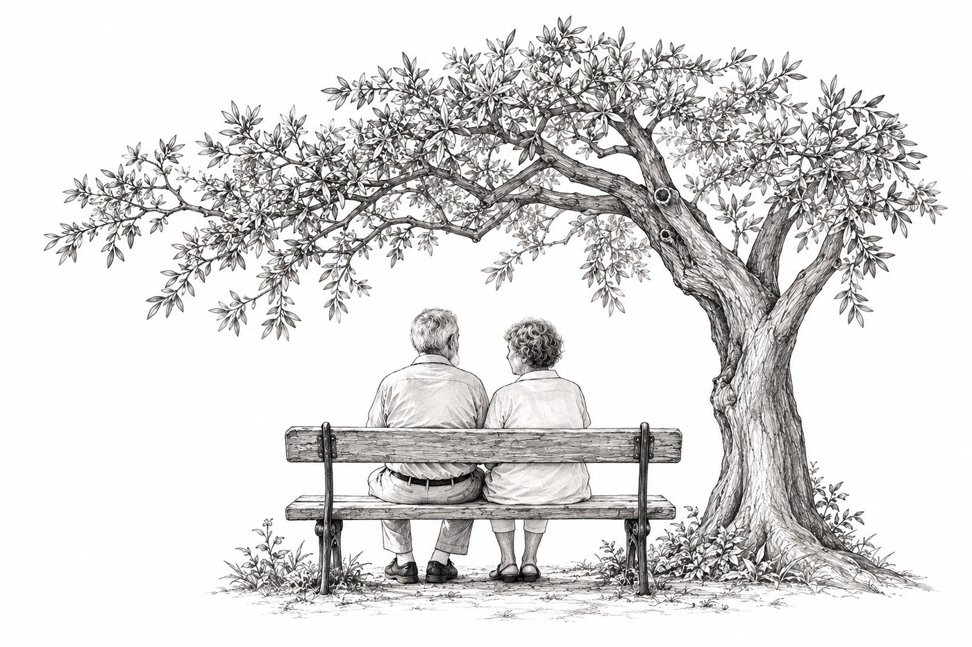 A couple sitting on a bench under a tree